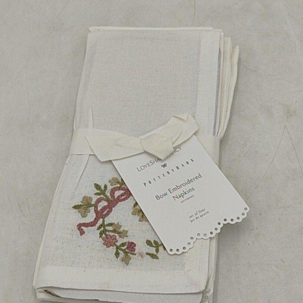 LoveShackFancy X Pottery Barn White Bow Embroidered Napkins 20x20 Set of 4